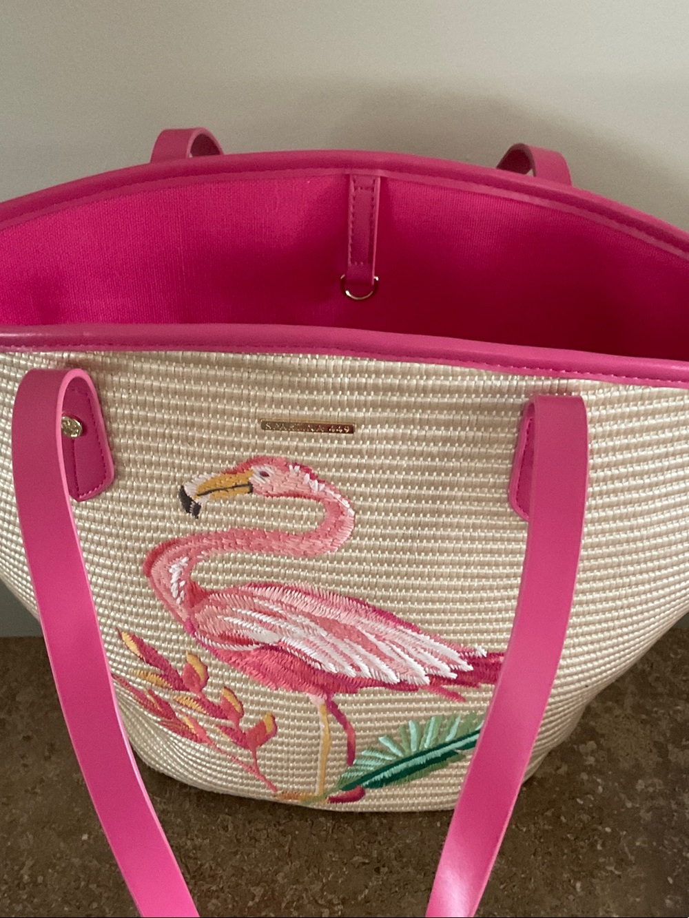 Spartina 449 Pink Flamingo Embroidered Straw Tote with Hot Pink Trim - Picture 7 of 9